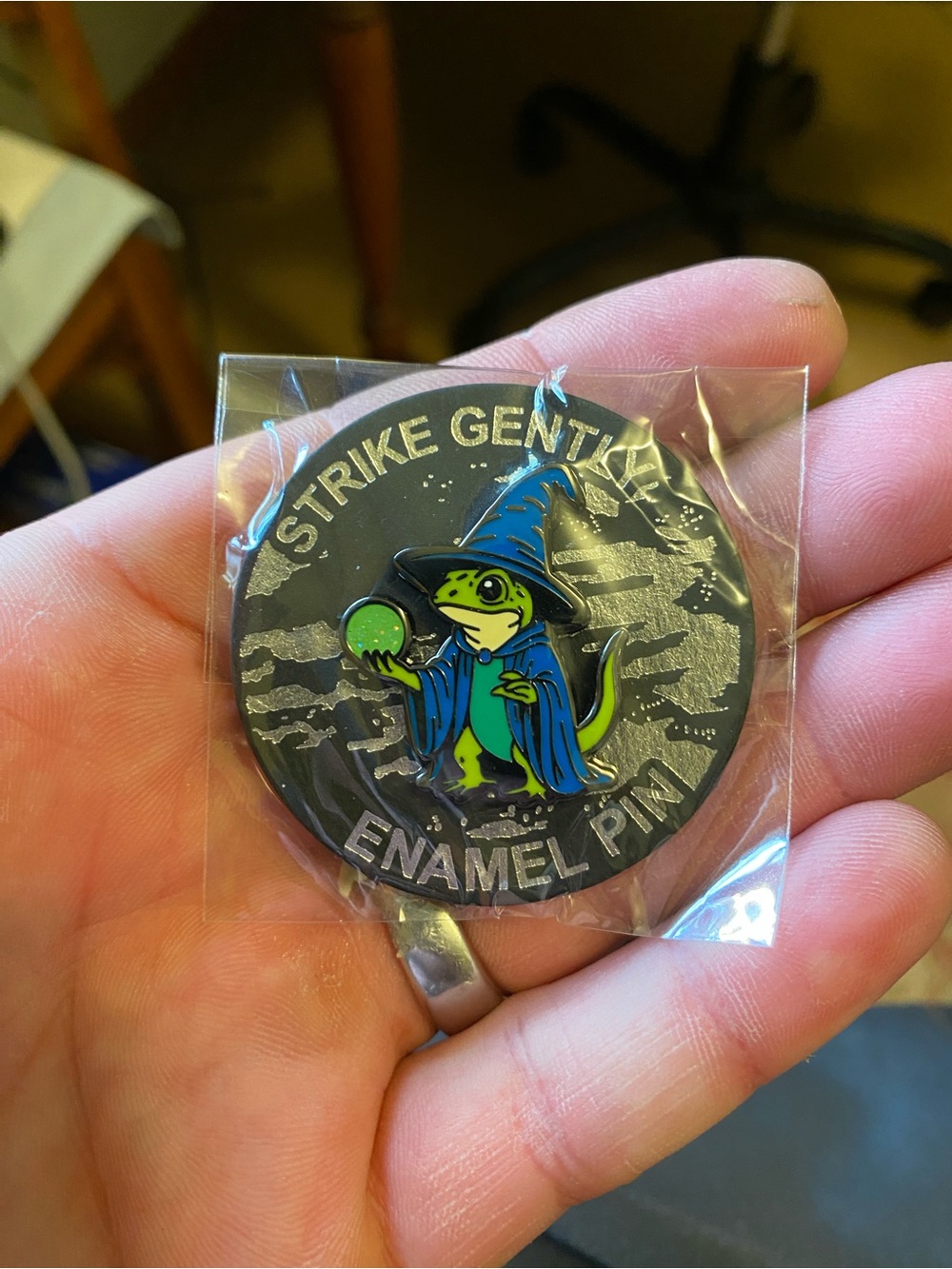 Brand New In Package Strike Gently Wizard Frog with Glowing Orb Enamel Pin